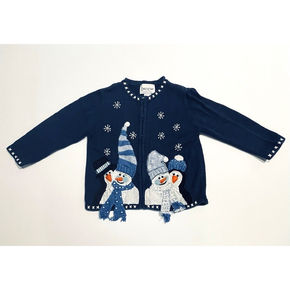 VTG. Carly St. Claire Sweater Snowmen Snowflakes Blue Beaded Girl's Size 5/6